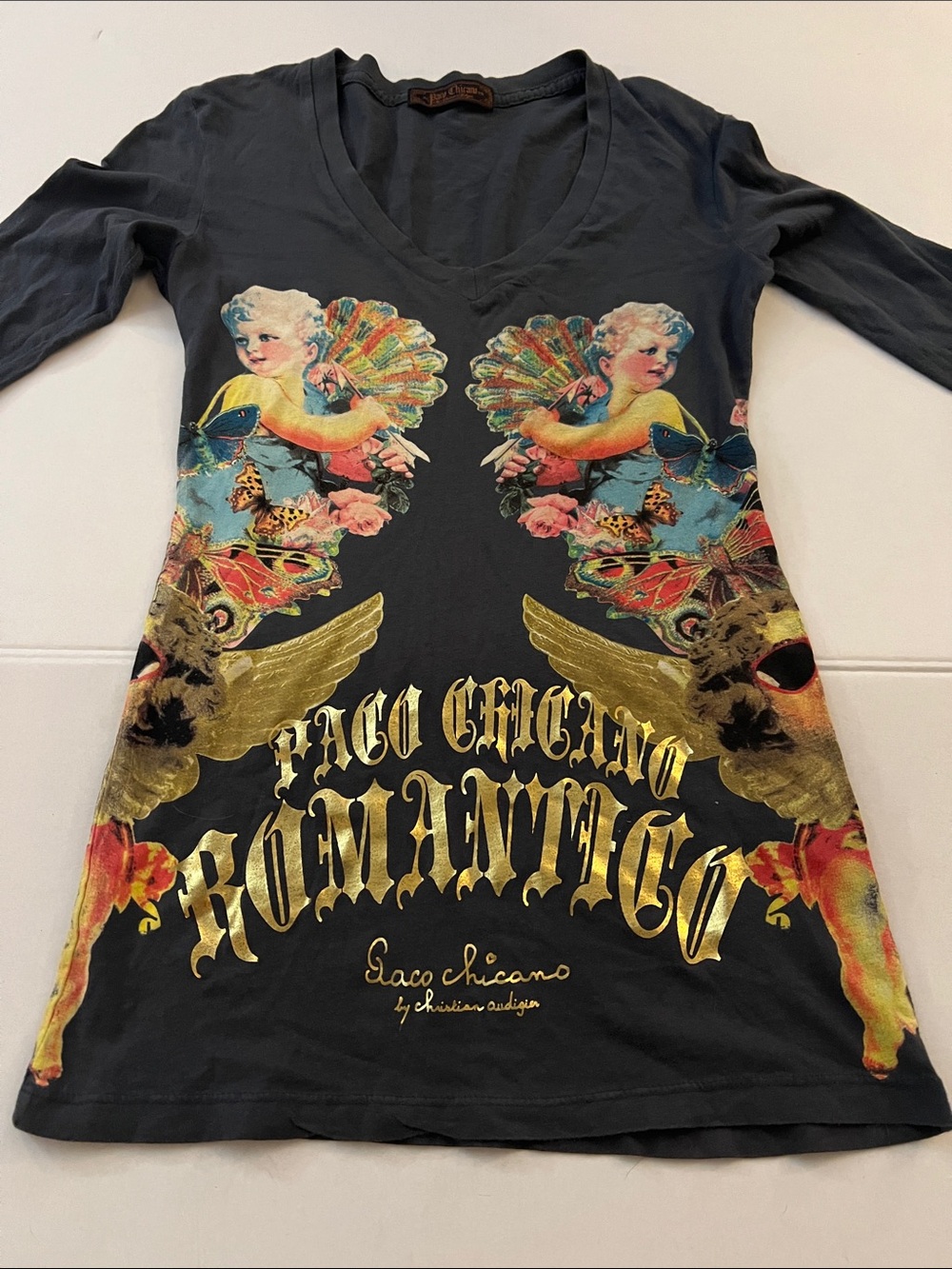 Vintage Y2K Christian Audigier Paco Chicano Black Cherub Cotton top Size XS - Picture 2 of 13